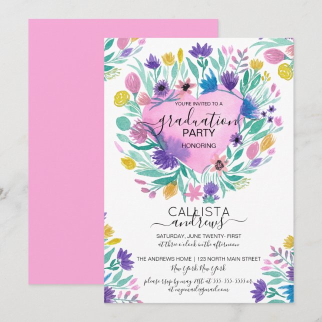 Invitation Pink Purple Jaune Fleurs du Coeur Feuille graduati (Devant / Derrière)