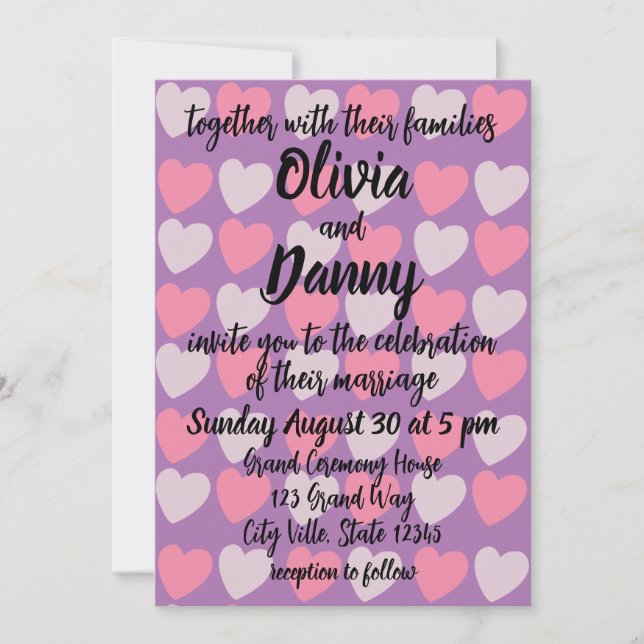 Invitation Pink Purple Love Hearts Motif Mariage romantique (Devant)