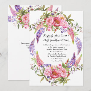 Invitation Pink Purple Lupines Peonies Aquarelle Mariages