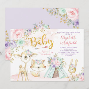 Invitation Pink Purple Mint Baby shower forestier tribal de l
