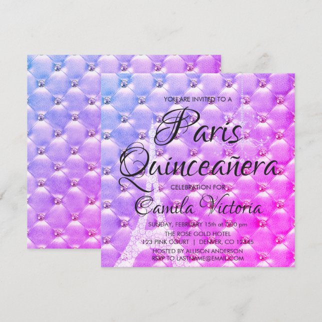 Invitation Pink Purple Paris Quinceañera (Devant / Derrière)