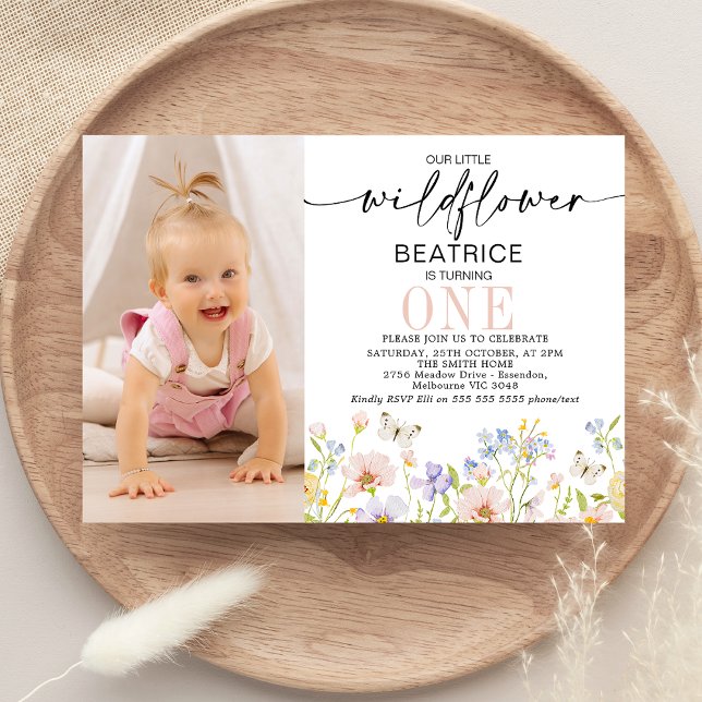 Invitation Pink Purple Photo Fleur sauvage Delicy 1er anniver (Girls Our Little Wildflower First Birthday Invitation, Little Wildflower First Birthday Invitation)