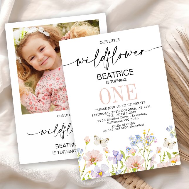 Invitation Pink Purple Photo Retour Fleur sauvage 1er anniver (Girls Little Wildflower First Birthday Invitation with Photo, Little Wildflower 1st Birthday Invite)