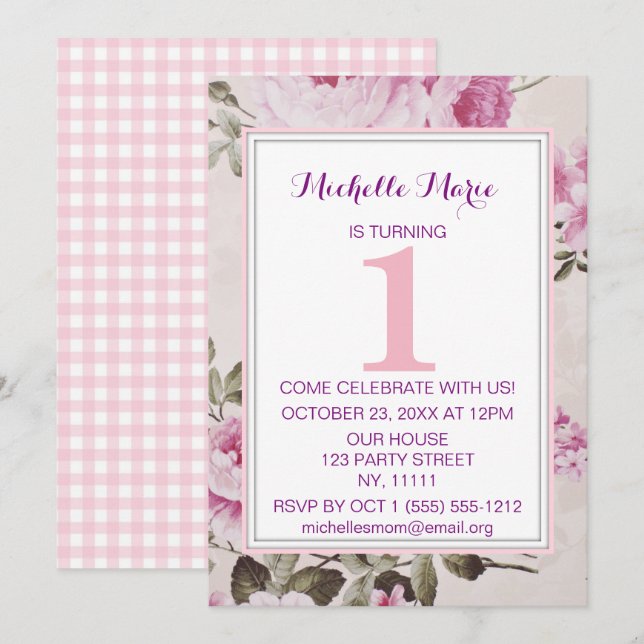 Invitation Pink Purple Plaid Floral Premier anniversaire (Devant / Derrière)