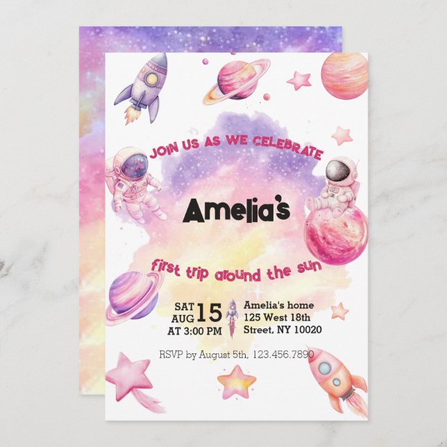 Invitation Pink Purple Planet Space First Trip Around the Sun (Devant / Derrière)