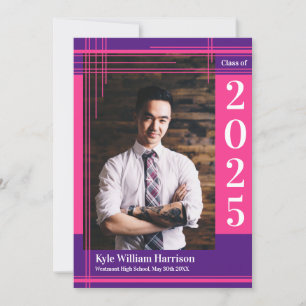 Invitation Pink Purple School Color Graduation Photo Plaid