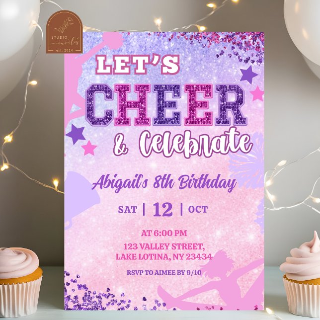 Invitation Pink Purple Sequin Cheerleader Girl Birthday  (Créateur téléchargé)