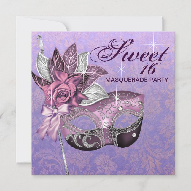 Invitation Pink Purple Sweet 16 Masquerade Party (Devant)