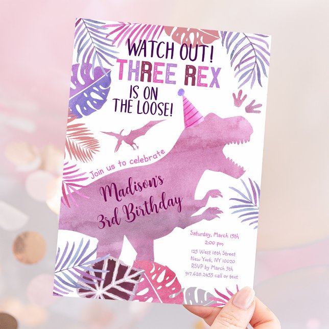 Invitation Pink Purple Trois Rex Girl Dinosaur Anniversaire (Créateur téléchargé)