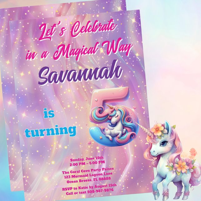 Invitation Pink Purple Unicorn 5e Anniversaire Fête Invitatio (Magical Unicorn Birthday Party Invitation)