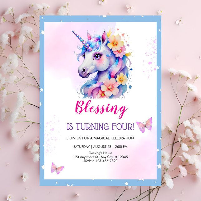 Invitation Pink Purple Unicorn Jour magique 4e anniversaire (Créateur téléchargé)