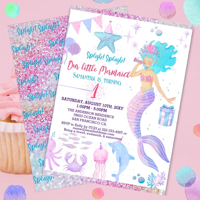 Invitation Pink Purple Whimsical Girl 1ère Sirène Anniversair (Créateur téléchargé)