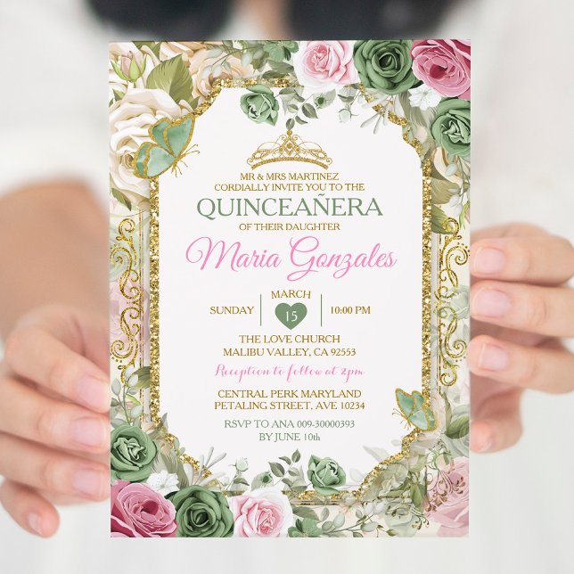 Invitation Pink Quinceañera Sage Green Gold Crown Butterfly (Créateur téléchargé)