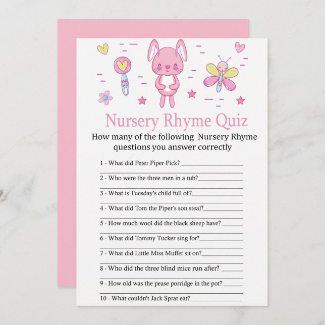 Invitation Pink Rabbit Nursery Rhyme Quiz jeu de baby shower (Devant / Derrière)