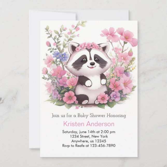Invitation Pink Raccoon Forest Adventure Girl Baby shower (Devant)