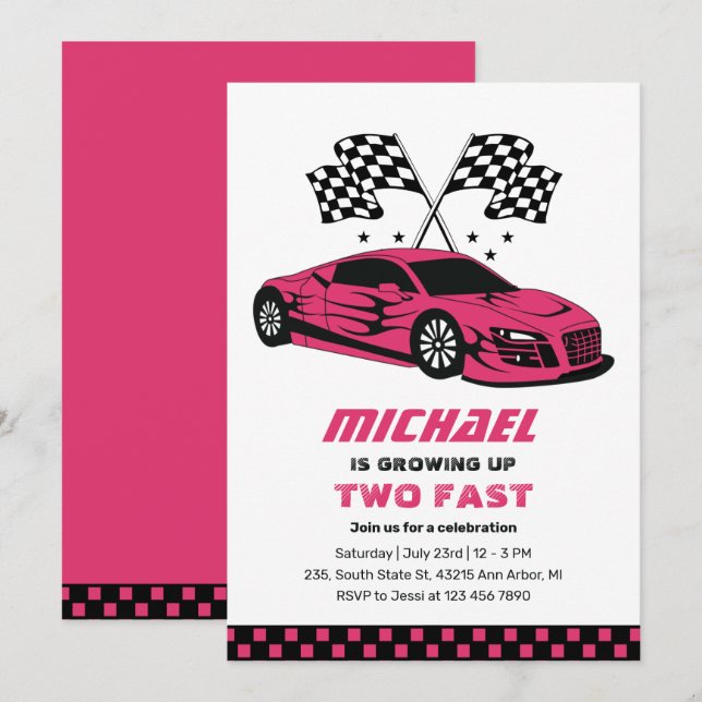 Invitation Pink Race Car Two Fast Boys 2e Anniversaire (Devant / Derrière)