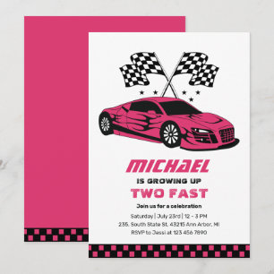 Invitation Pink Race Car Two Fast Boys 2e Anniversaire