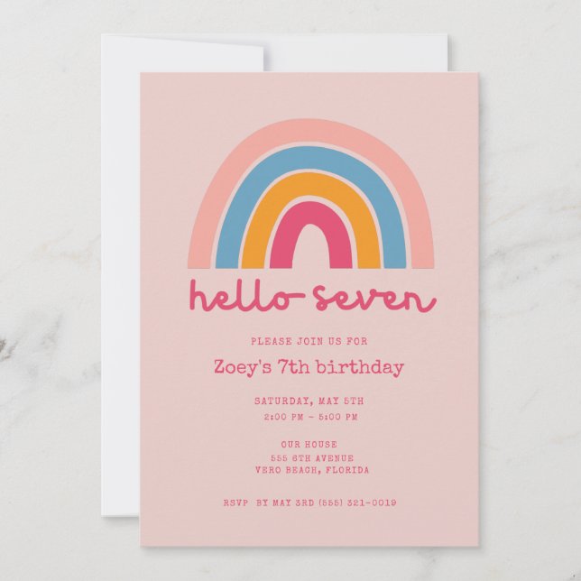 Invitation Pink Rainbow Hello Seven Girl 7th Birthday Party (Devant)