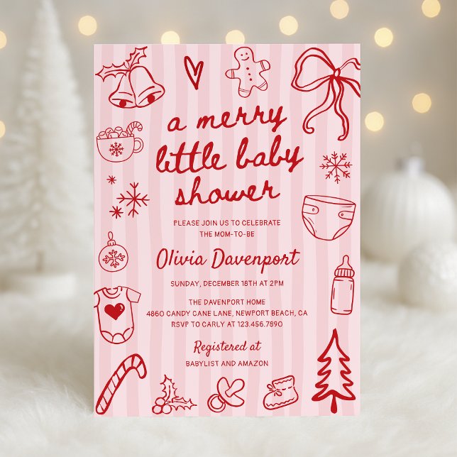 Invitation Pink Red Christmas Doodle Merry Little Baby Shower (Créateur téléchargé)