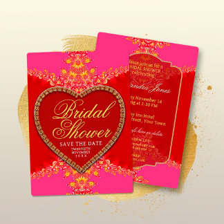 Invitation Pink Red Heart Gold Lace Girls Party Bridal Shower