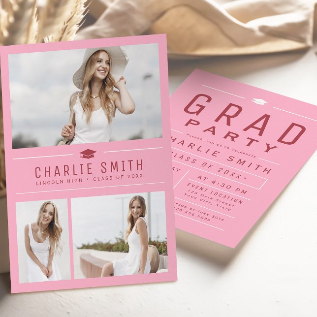 Invitation Pink Red Modern Typographie Photo Graduation Party (Pink Red Modern Typography Photo Graduation Party Invitation)