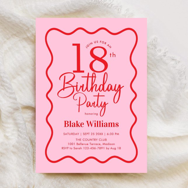 Invitation Pink Red Retro 18th Birthday Wavy Border (Créateur téléchargé)