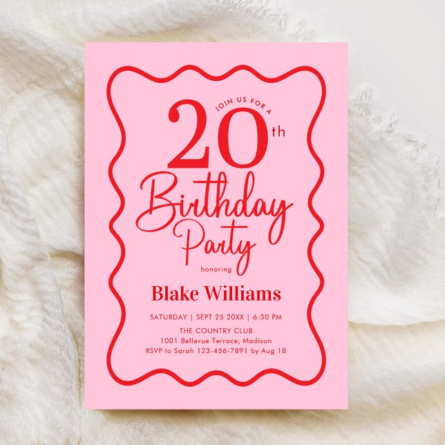 Invitation Pink Red Retro 20th Birthday Wavy Border (Créateur téléchargé)
