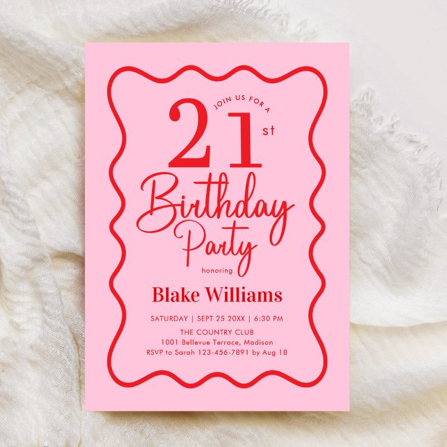 Invitation Pink Red Retro 21st Birthday Wavy Border (Créateur téléchargé)