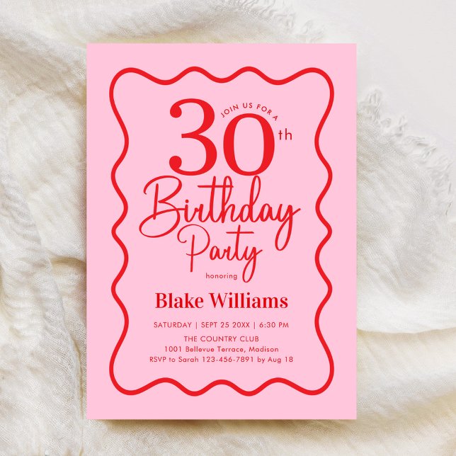 Invitation Pink Red Retro 30th Birthday Wavy Border (Créateur téléchargé)