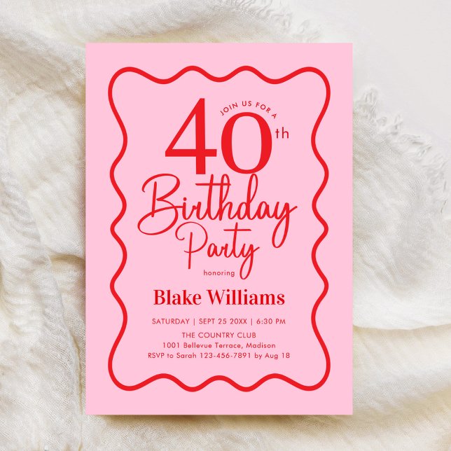 Invitation Pink Red Retro 40th Birthday Wavy Border (Créateur téléchargé)