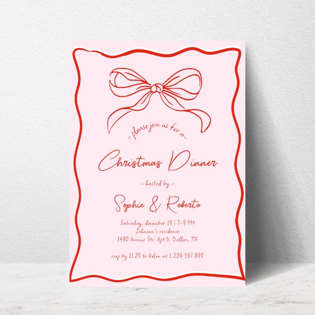 Invitation Pink & Red Retro Bow Dîner de Noël français (Créateur téléchargé)