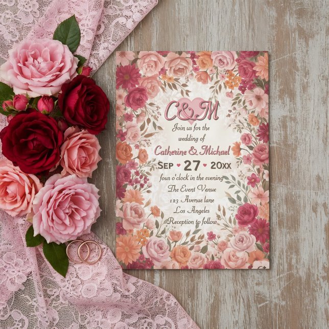 Invitation Pink & Red Romantic Rose Spring Floral Wedding (Créateur téléchargé)