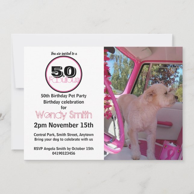 Invitation Pink Retro 50 & Fabulous Pet fête des animaux (Devant)