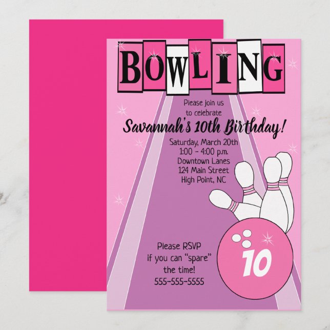 Invitation Pink Retro Bowling N'Importe Quel Âge Anniversaire (Devant / Derrière)
