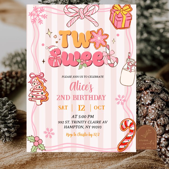 Invitation Pink Retro Christmas Winter Two Sweet Birthday (Créateur téléchargé)