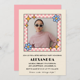 Invitation Pink Retro Floral Photo 34e anniversaire invitatio