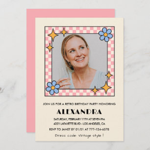 Invitation Pink Retro Floral Photo 68e anniversaire invitatio