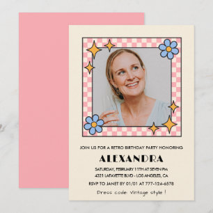Invitation Pink Retro Floral Photo 69e anniversaire invitatio