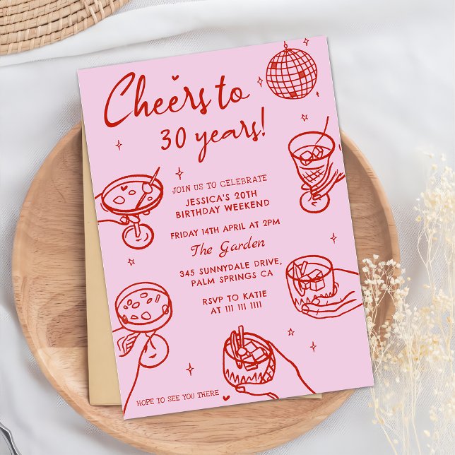 Invitation Pink Retro Main dessinée Funky Anniversaire Party (Créateur téléchargé)