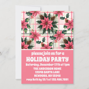 Invitation Pink Retro Noël Floral Plaid Joyeux Noël