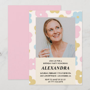 Invitation Pink Retro Photo Floral 53e anniversaire invitatio