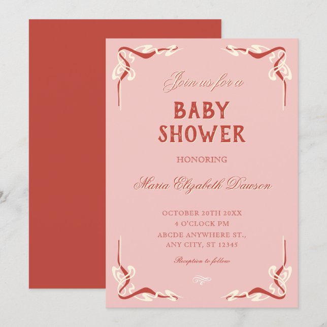 Invitation Pink retro vintage baby shower (Devant / Derrière)