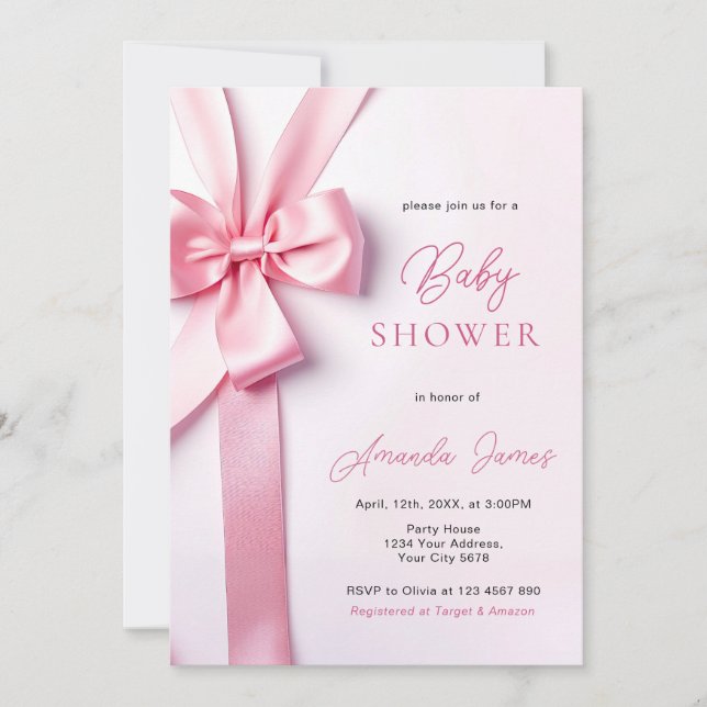 Invitation Pink Ribbon Bow Baby Shower (Devant)