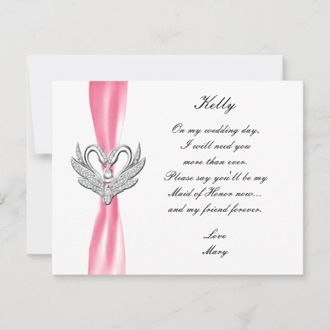 Invitation Pink Ribbon Silver Swans Maid Of Honor Card (Devant)