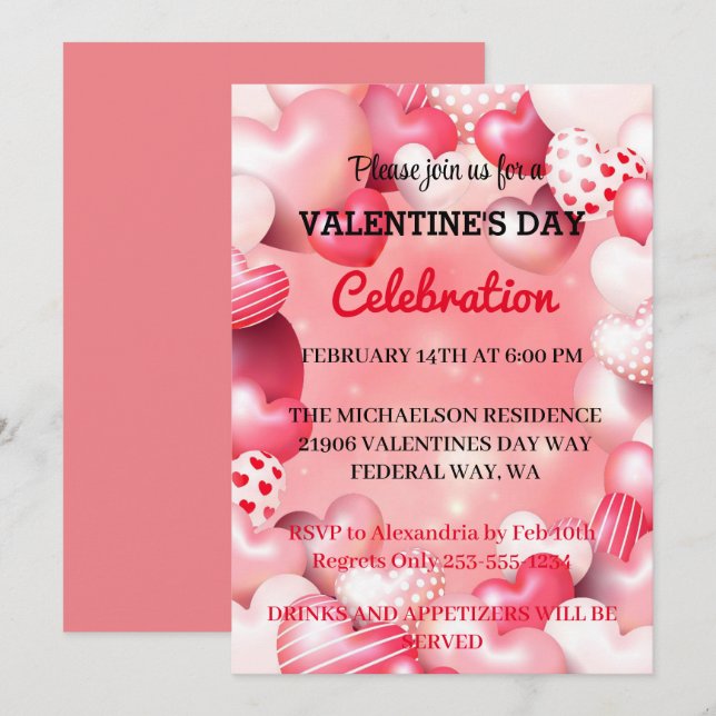 Invitation Pink Romantique Saint Valentin Love Party coeurs (Devant / Derrière)