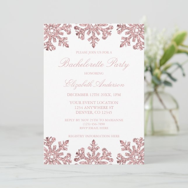 Invitation Pink Rose Gold Snowflake Hiver Bachelortie (Debout devant)