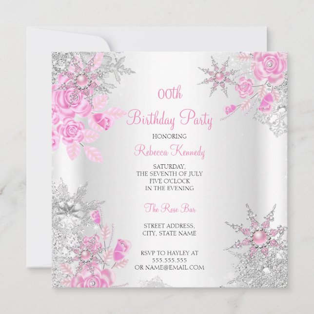 Invitation Pink Rose Winter Wonderland Snowflakes Party (Devant)