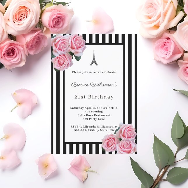 Invitation Pink roses black white stripes Paris Birthday (Créateur téléchargé)