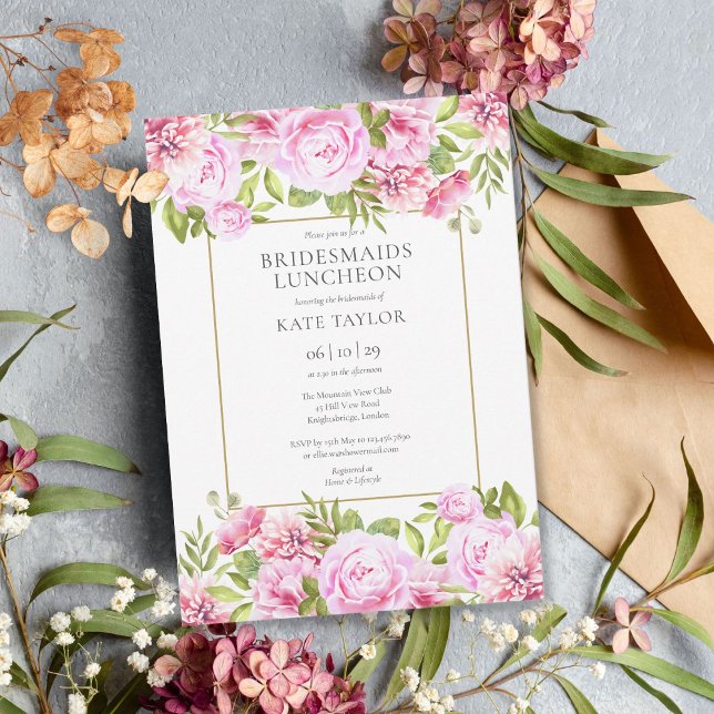 Invitation Pink Roses Floral Bridesmaigre Déjeuner (Pink Roses Floral Bridesmaids Luncheon Invitation)