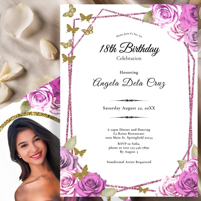 Invitation Pink Roses Gold Butterflies 18th Debut Birthday (Créateur téléchargé)